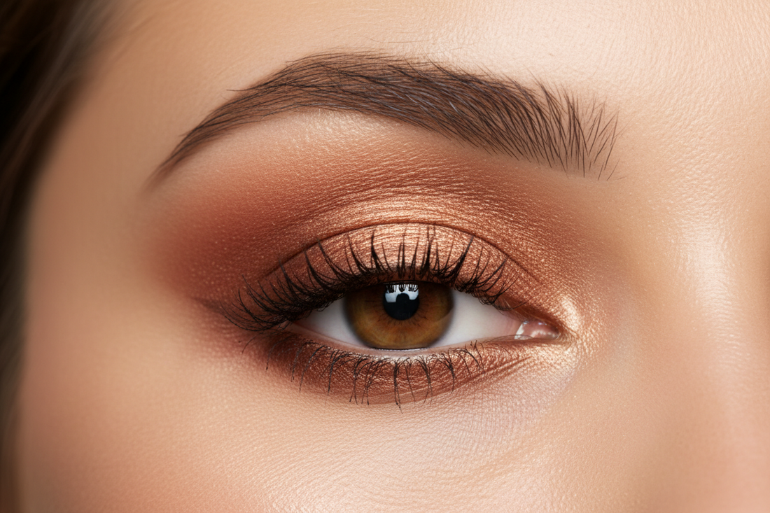 Close-up of perfectly applied bronze and copper eyeshadow demonstrating long-lasting, crease-free wear with professional blending techniques