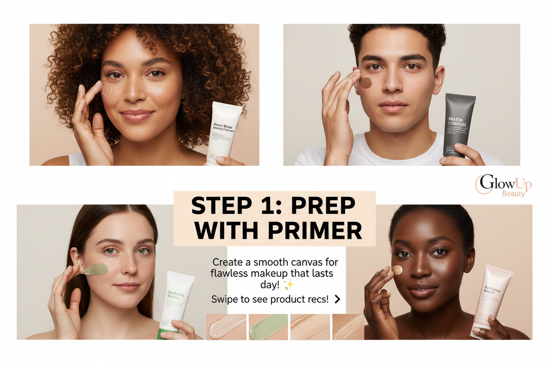 Luxurious winter makeup flatlay featuring premium base makeup products including primers, foundations, cushion compacts, concealers, setting powders, blushes and highlighters arranged on marble surface with rose gold accents