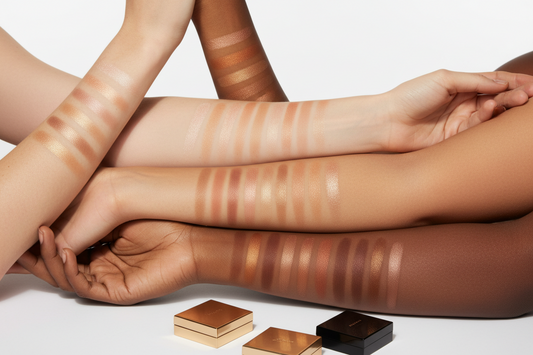Nude eyeshadow swatches displayed on diverse skin tones from fair to deep, showing champagne, beige, bronze, and chocolate brown shades for inclusive beauty