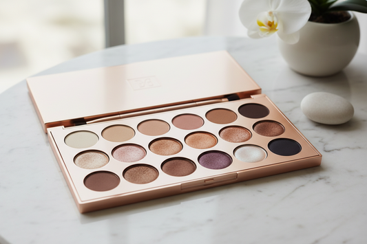 Curated eyeshadow palette featuring neutral matte, shimmer, and metallic shades in warm browns, taupes, rose golds, and bronze tones for building the perfect versatile makeup collection