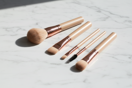 Collection of premium eyeshadow makeup brushes including fluffy blending brush, flat shader, pencil crease brush, angled liner, and smudge brush arranged on white marble surface