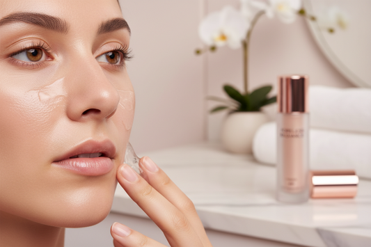  Professional beauty photography showing smooth, poreless skin with pore-minimizing primer application, featuring luxury makeup products in a clean, spa-inspired setting with rose-gold lighting  Prev