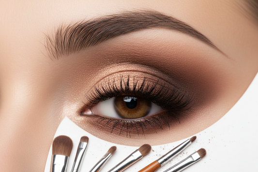 Close-up of perfectly blended eyeshadow application showing gradient technique from champagne to bronze to deep brown with professional makeup brushes - eyeshadow tutoria