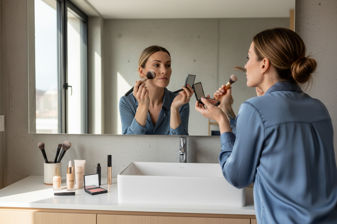 Busy professional woman applying quick 5-minute morning makeup routine with foundation and blush in modern bathroom, natural lighting, time-saving beauty tips
