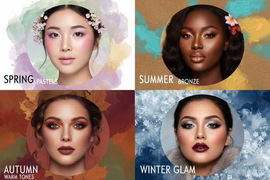 Four seasons makeup looks showing spring pastel, summer bronzed, autumn warm tones, and winter glam makeup, seasonal beauty trends and color palettes for year-round makeup inspiration