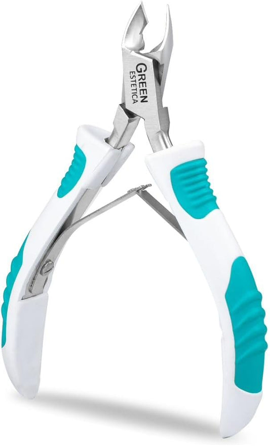 Cuticle Trimmer with Non-Slip Grip Handle Professional Stainless Steel Cuticle Cutter Sharp Blades Double Spring Cuticle Nippers for Nail Care Pedicure Manicure Nail Tools (White Green Grip Handle)
