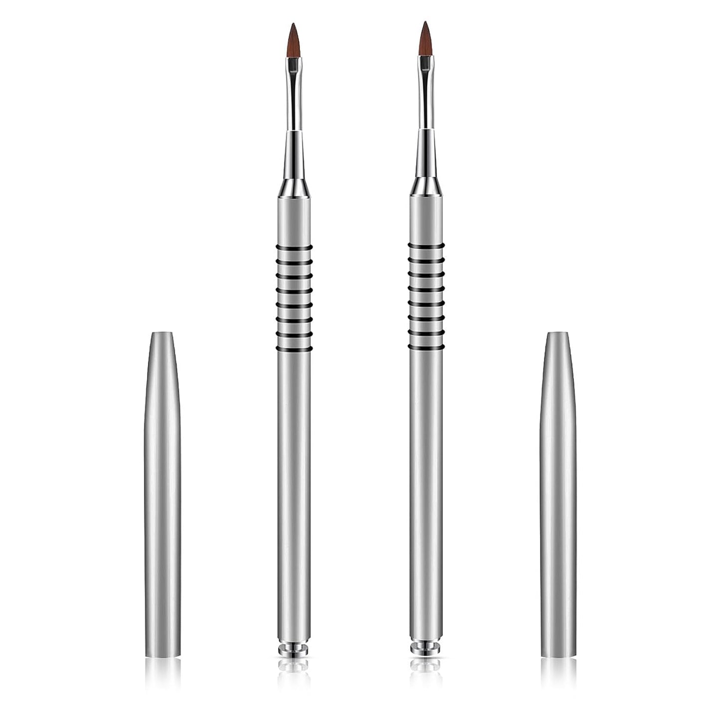 2 Pack 3D Nail Art Brush for Acrylic, Kolinsky Acrylic Nail Brushes Set, Nail Lining Brush Nail Salon Painting Brush Pen with Non-Slip Handle, Silver Metal Nail Art Pen (Size #2)
