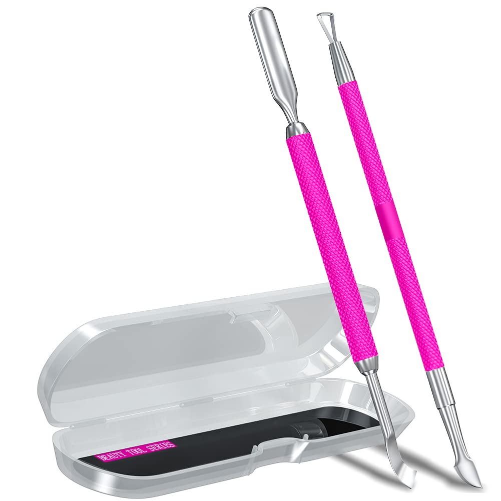2PCS Metal Rose Pink Cuticle Pusher and Cutter Remover Salon Quality Stainless Steel Gel Nail Polish Peeler Scraper Durable Manicure and Pedicure Cleaner Tool For Fingernail and Toenail