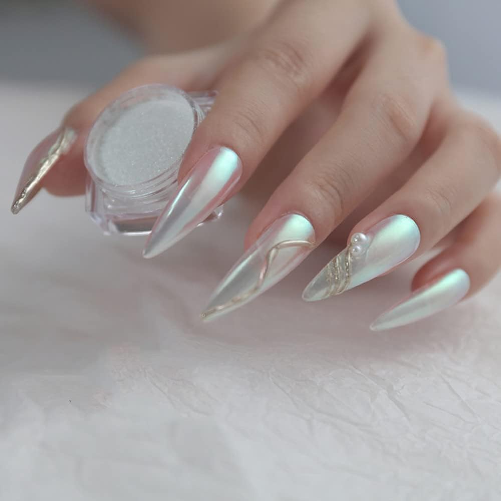 2 Pcs White Iridescent Nails Powder Aurora Chrome Powder for Nails,Mermaid Chrome Nail Pearl Powder Chameleon Chrome Nail Powder Manicure Pigment(2 Pcs Moonlight)