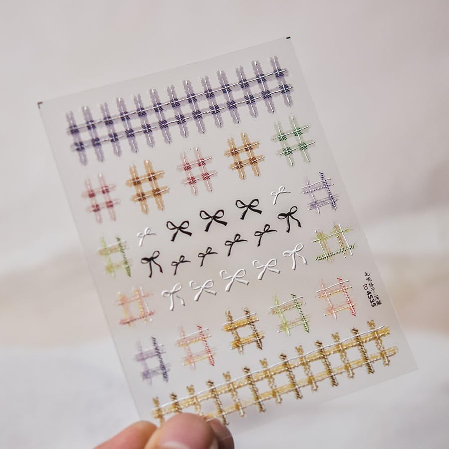 Colorful Grid Bow Nail Art Stickers 3D Embossed Fall Winter Nail Stickers, Self-Adhesive Durable Nail Art Decals for Women Girls, Nail Wraps Decoration Manicure for DIY Acrylic Nail Accessories