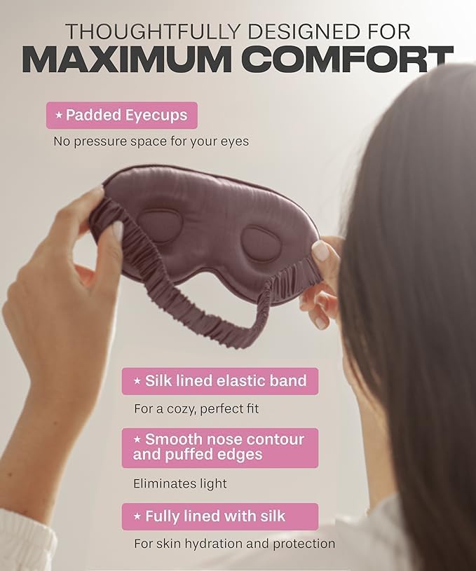 SUNDAYSILKS™ 3D Contoured Silk Sleep Mask | Padded Silk Eye Mask with Eye Cups for Lash Extensions | Blackout, Organic for Women & Men, Perfect for Travel, Slip-Free Deep Sleeping, Antifaz para Dormir