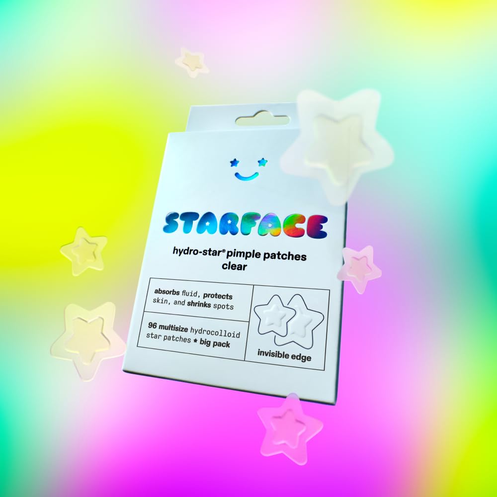 Starface Hydro-Star Clear Big Pack, Invisible Hydrocolloid Pimple Patches, Two Sizes and Star Shape, Absorb Fluid and Reduce Redness (96 Count)