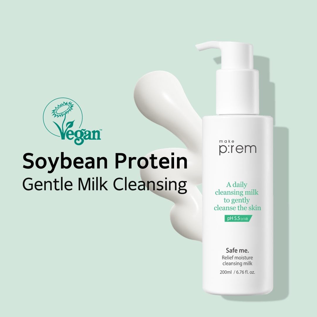 MAKE P:REM Safe Me. Relief Moisture Cleansing Milk, Hydrating Gentle Face Wash for Sensitive Skin with Soy Protein, Korean Milky Cleanser, Korean Skin Care, 6.76 Fl.Oz, 200ml