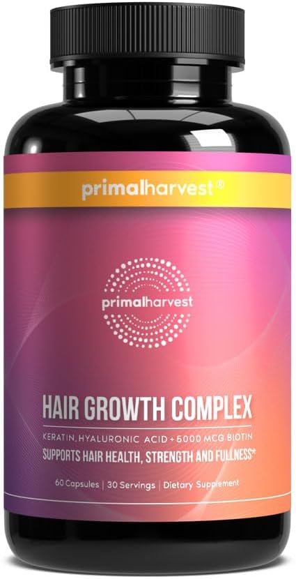 Primal Harvest Hair Growth Vitamins, Hair Growth for Women & Men - 60 Hair Growth Pills, Natural Hair Thickening Products for w/Biotin & Zinc - Hair Supplement, Regrowth Hair Vitamins