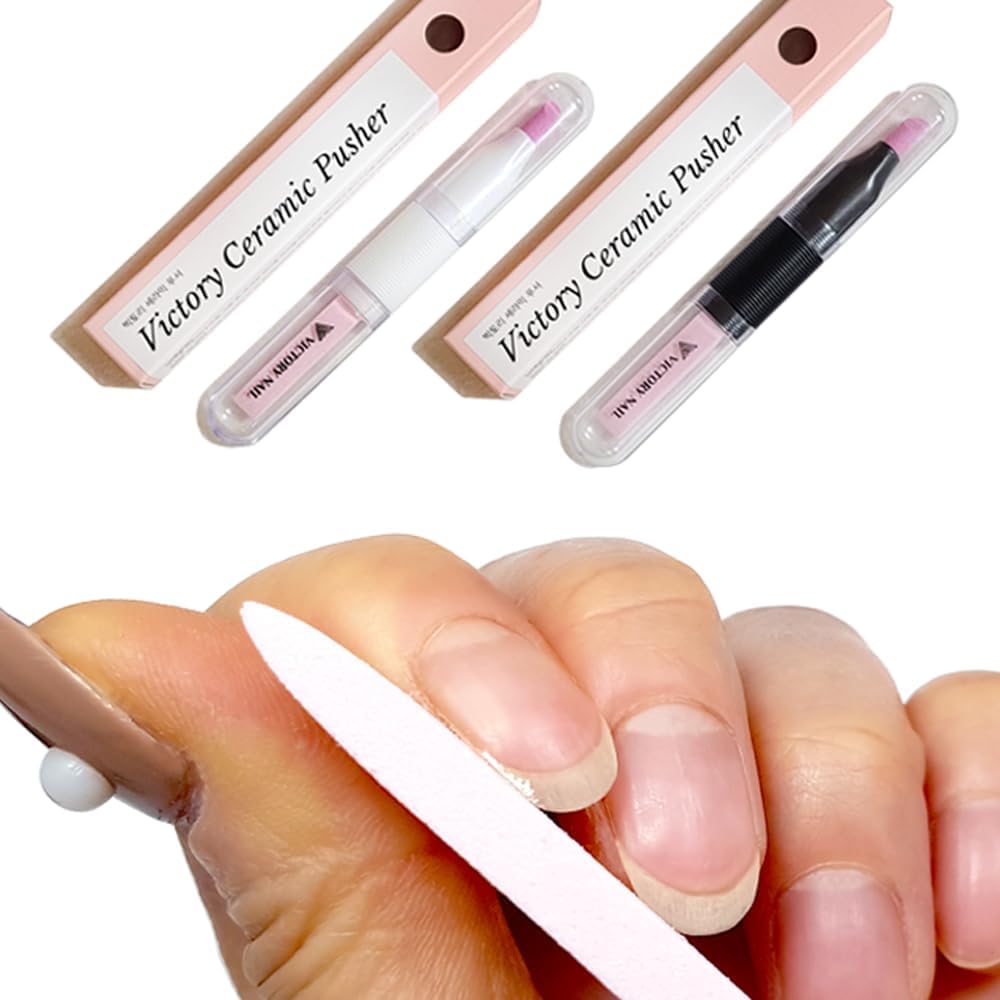 2PCS Victory Ceramic Stone Two-Way Nail Pusher & File (Black) Cuticle Trimmer Manicure Tools Professional Nail File Pumice Fingernail Files