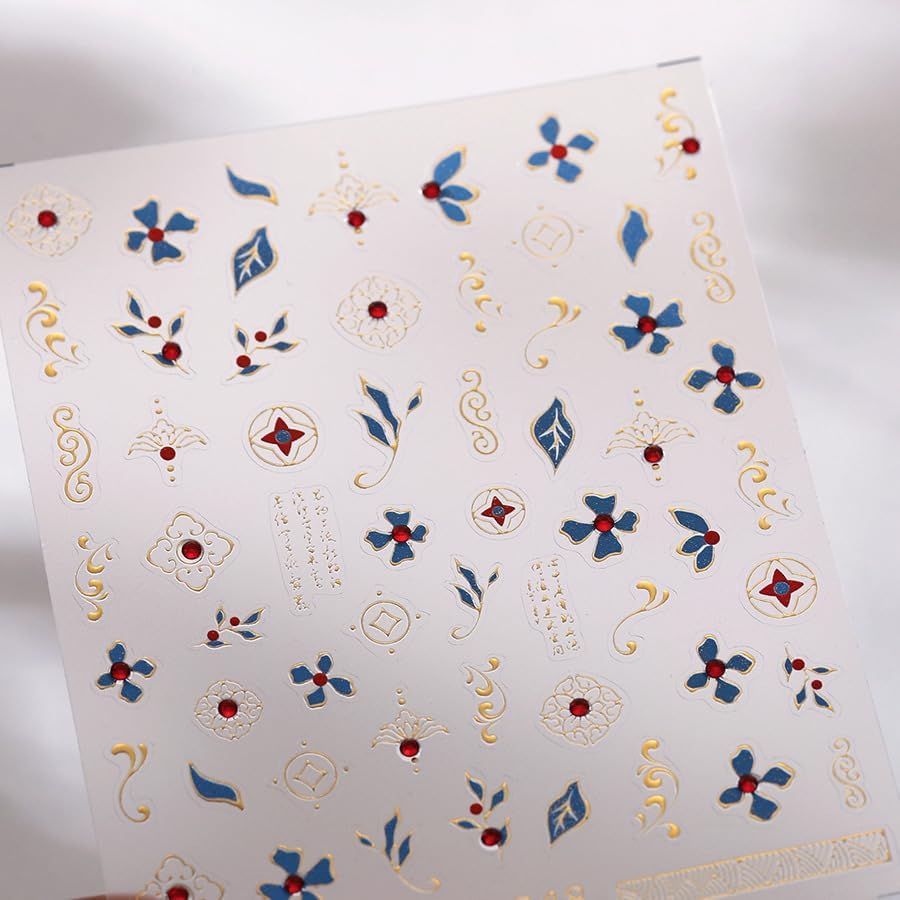 Gold Fall Nail Art Stickers 5D Embossed with Rhinestones Bohemian Nail Stickers, Self-Adhesive Durable Nail Art Decals for Women Girls, Nail Wraps Decoration Manicure for DIY Acrylic Nail Accessories