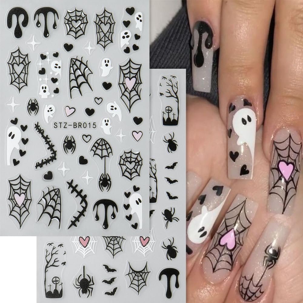 4sheets Halloween Nail Stickers 3D Self-Adhesive Ghost Nail Art Stickers - Black Spider Bat Decals with Heart Spider Web Blood Droplets Design for Women DIY Holiday Nail Decoration