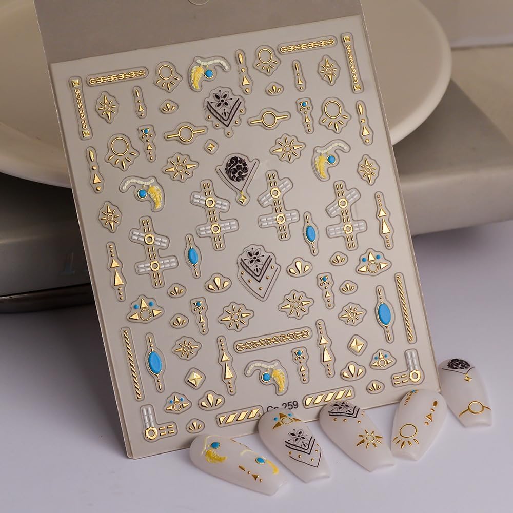 Gold Fall Nail Art Stickers 5D Embossed Geometric Bohemian Nail Stickers, Self-Adhesive Durable Nail Art Decals for Women Girls, Nail Wraps Decoration Manicure for DIY Acrylic Nail Accessories