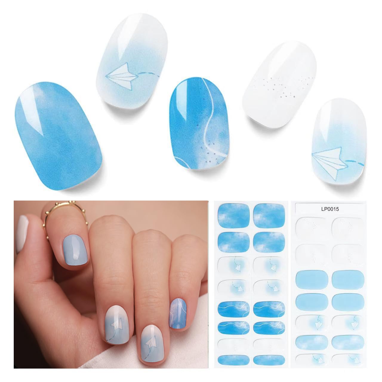 Semi Cured Gel Nail Strips, 30 pcs Gel Stikers, Wraps, Salon-Quality, Easy to Apply, 2 Weeks Long Lasting (Fly to The Sky)