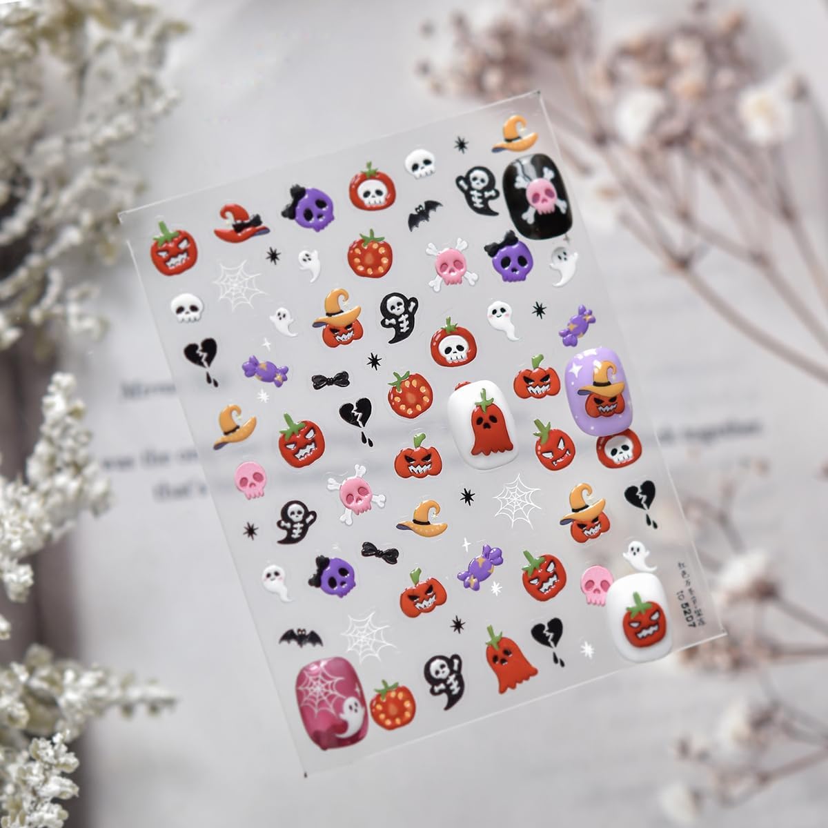 5D Halloween Nail Stickers Halloween Nail Decals Self-Adhesive Evil Tomato Pink Skull Cute Ghost Spider Web Broken Heart Nail Design DIY Holiday Nail Decorations for Women Kids Party 1 Sheet
