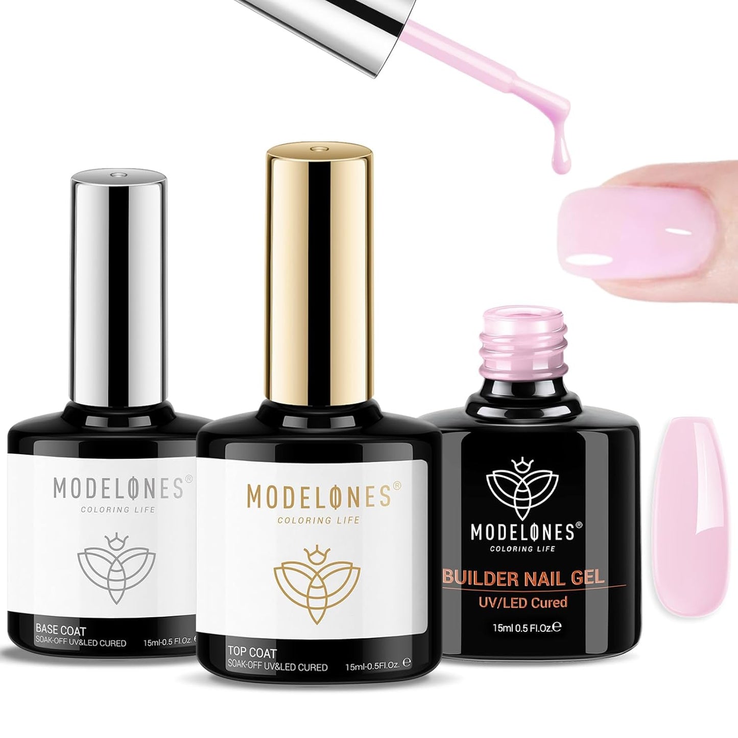 modelones Builder Nail Gel with Gel Base Top Coat, 3Pcs Baby Pink Builder Nail Kit for Apex Building Extension Thickening Strengthener High Gloss Shiny, U/V LED Lamp Cured for Home DIY Salon Girls