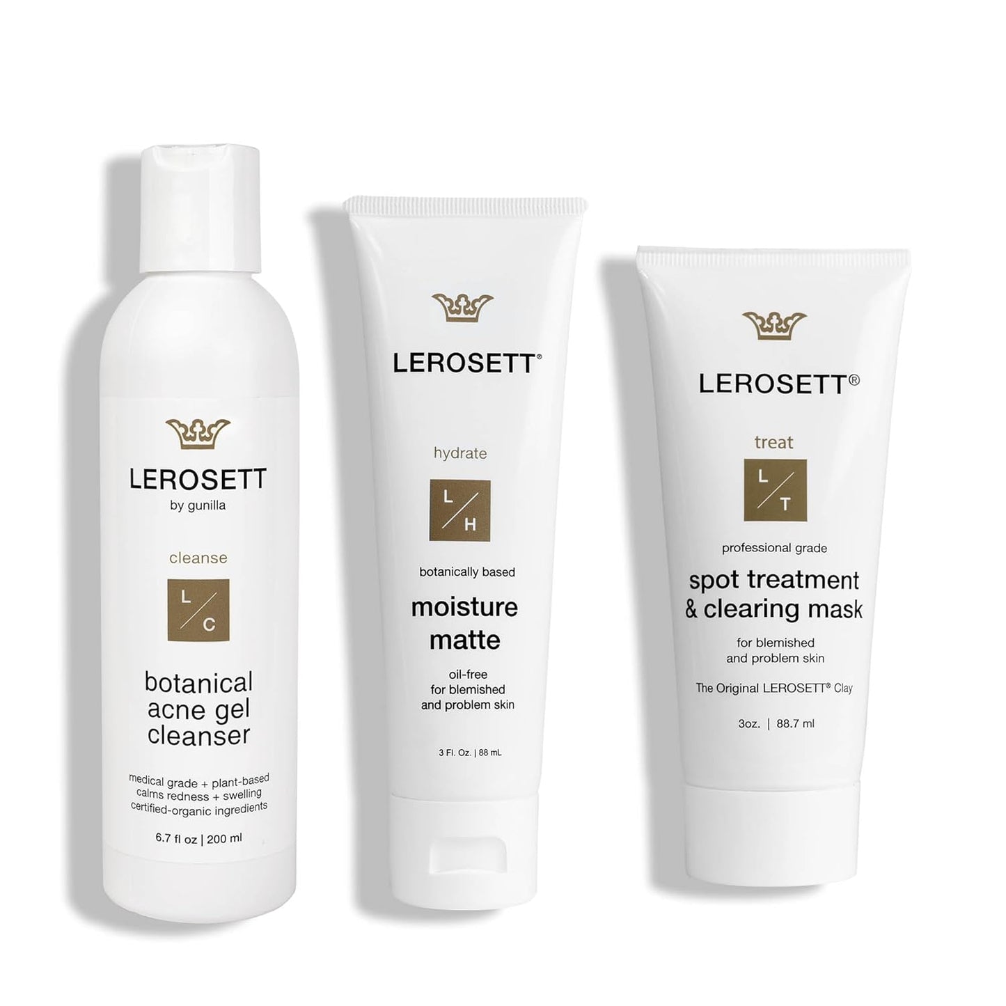 LEROSETT Acne Kit Includes Cleanser Moisturizer & Spot Treatment Mask Organic Calming Aloe & Clay Based, Clears Acne, Pimples, Blackheads & Breakouts, Vegan Acne Kit, For All Skin Types