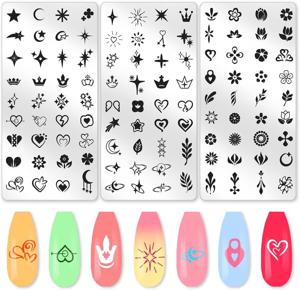 3Pcs Flowers Leaves Nail Stamping Plate Set Stars Moon Hearts Planets Nail Stamp Templates Stainless Steel DIY Reusable Tools with Stamper Scraper for Manicure Printing