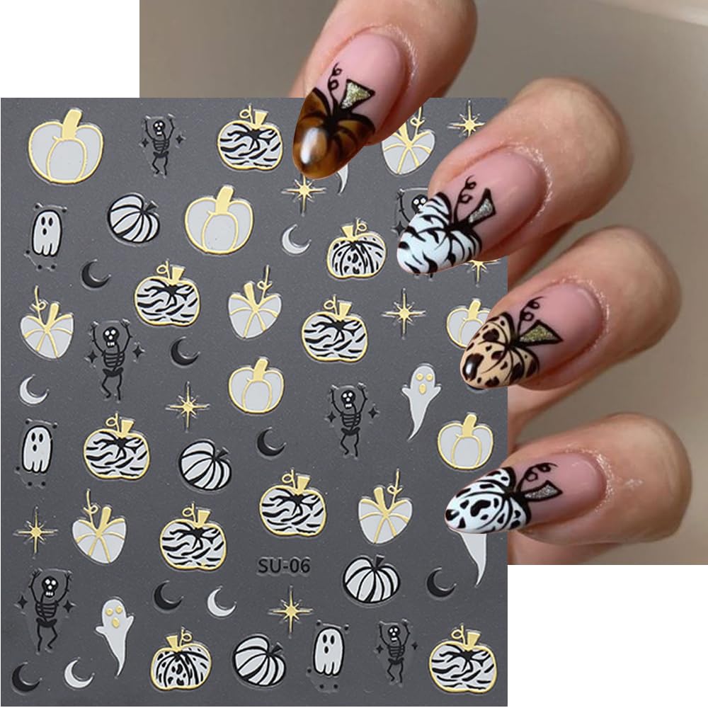 8Sheets Halloween Nail Art Stickers Cute Ghost Pumpkin 3D Self-Adhesive Nail Decals Spider Web Blood Flame Designs Nail Decorations Fall Thanksgiving Nail Supplies for Women DIY Manicure Art