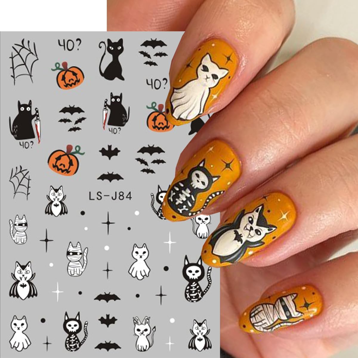 Halloween Nail Sticker Pumpkin Nail Decals Ghost Nail Art Stickers Bat Cat Spider Web Star Orange Pink Design Spooky Nail Stickers for Nail Art Holiday DIY Manicure Supplies for Women 6 Sheets