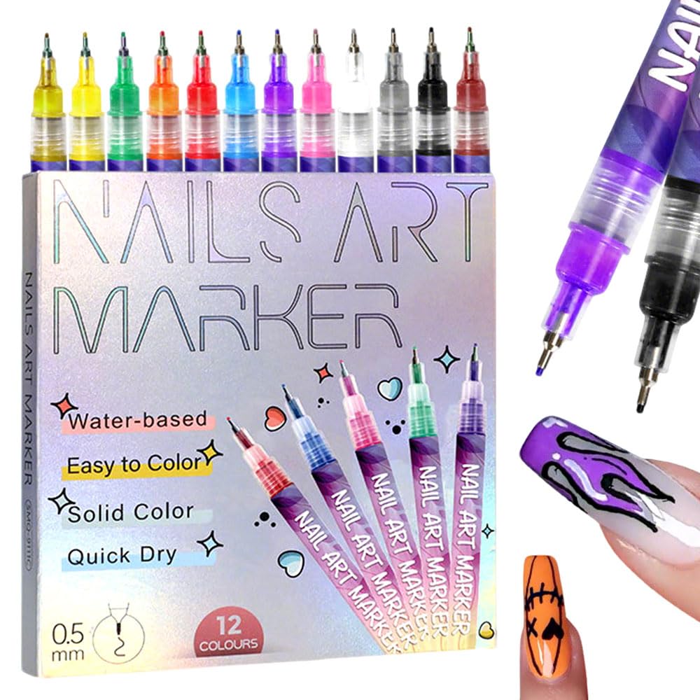 12 Colors Nail Art Pens Set, 2025 Upgrade Nail Art Markers for Gel Nails, 3D Nail Polish Pens, Drawing Painting Point Dotting Pen Acrylic Paint Marker for DIY Nails Art Manicure Tools (1 Set)
