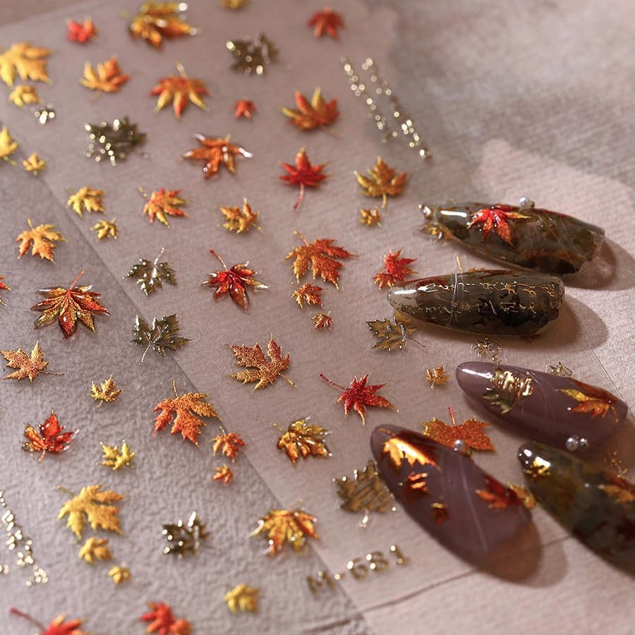 Fall Nail Stickers Maple 5D Embossed Leaves for Thanksgiving Day Nail Art Self-Adhesive Autumn Nails Decoration Glitter Gold Maple Leaf Nail Decals DIY for Women Nail Supplies