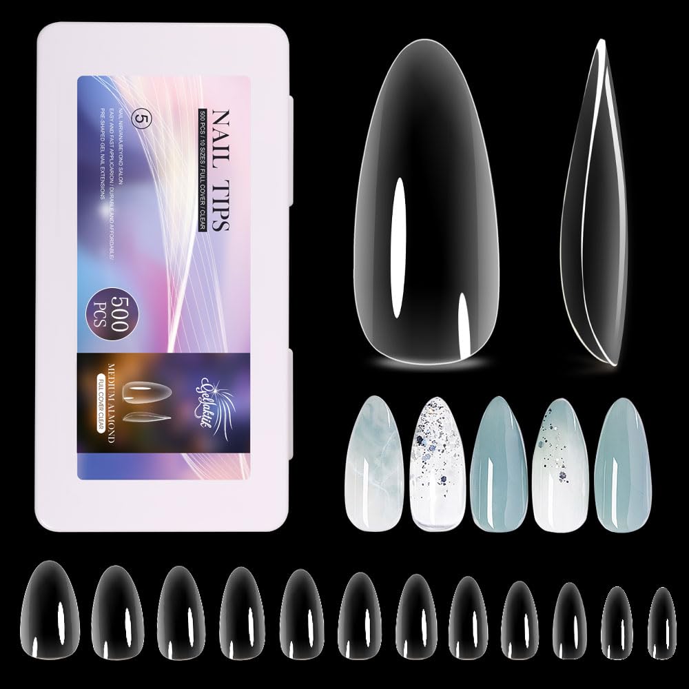 Medium Almond Nail Tips 500PCS, Clear Acrylic Full Cover Gel Press on Nail Tips for DIY, 10 Sizes Pre-Shaped False Nails with Glossy Finish, Professional Manicure Kit & Easy Application