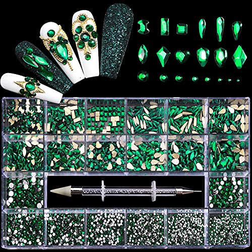 Nail Rhinestones Kit, Nail Art Decorations with Wax Pencil Flat AB Rhinestones Kit DIY Crafts Gemstones for Nail, Shoes, Clothes, Jewels (600 Green diamonds + 2500 flat rhinestones)
