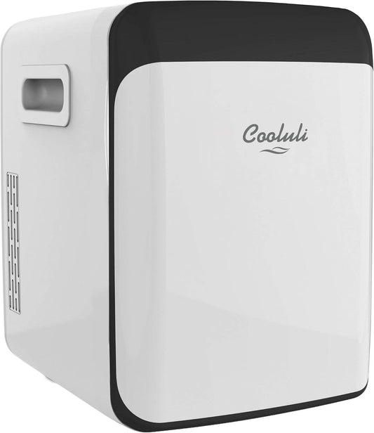 Cooluli 15L Mini Fridge for Bedroom - Car, Office Desk & College Dorm Room - 12V Portable Cooler & Warmer for Food, Drinks, Skincare, Beauty, Makeup & Cosmetics - AC/DC Small Refrigerator (White)