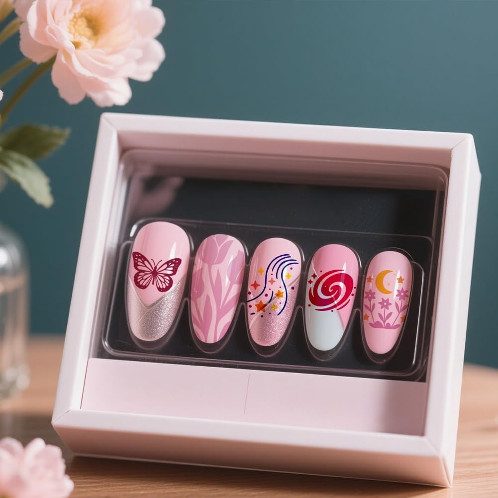 UNICRAFTALE 5Pcs Butterfly Flower Reusable Nail Stamp Flames Nail Stamping Kit Abstract Textures French Tip Nails Stamp Star Stainless Steel Nails Stamping Plates for Women Gift 12x6cm