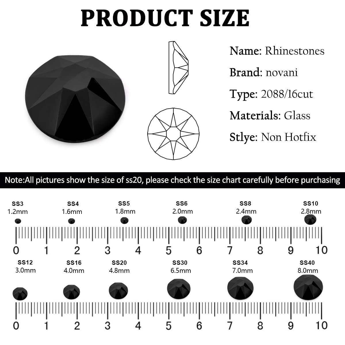 Novani Black Rhinestones 1440pcs Flat Back Round Rhinestone Style 2088 Sparkly Crystal Gemstones for Nail Art and Crafting SS16,3.8-4.0mm