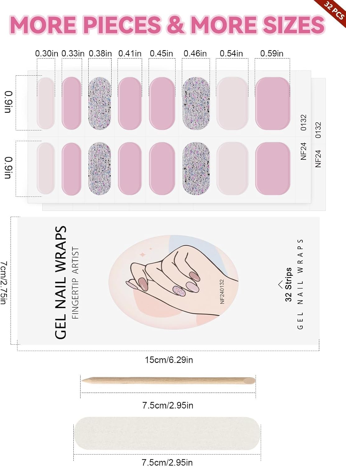 EBANKU 32PCS Semi-Cured Gel Nail Wraps Full Nail Polish Wraps Shiny Nail Decors UV/LED Lamp Required (Shiny Pink)