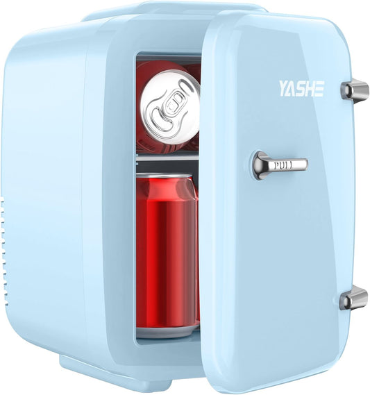 YASHE Mini Fridge, 4 Liter/ 6 Cans Small Refrigerator for Bedroom, 110V AC/ 12V DC Thermoelectric Cooler and Warmer for Drink Office Dorm Car, Blue