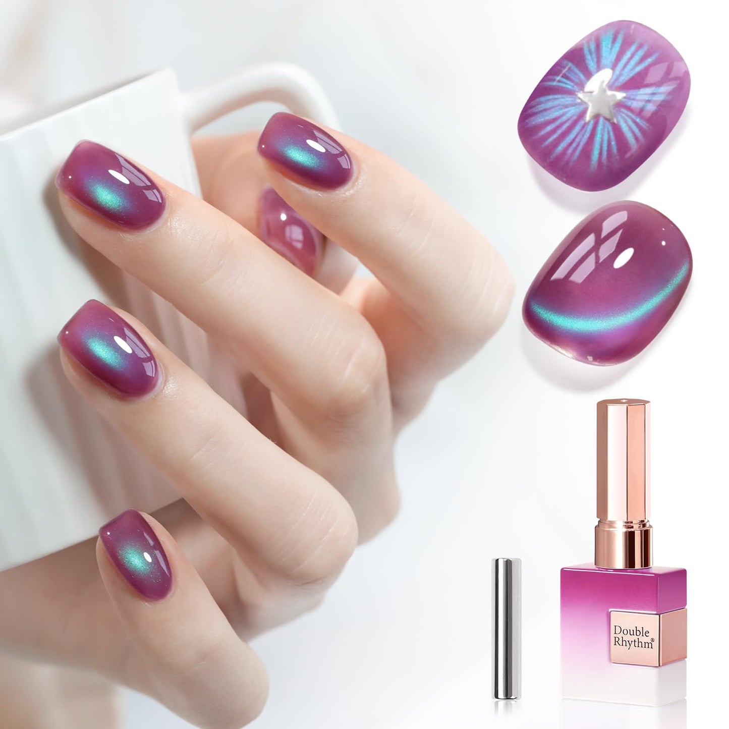 Double Rhythm 0.5 OZ Cat Eye Gel Polish with Magnet 15ML Holographic Glitter Shimmer Translucent Jelly Color Magnetic Nail Polish Salon DIY at Home (Purple Green-MC1258)