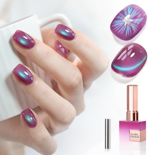 Double Rhythm 0.5 OZ Cat Eye Gel Polish with Magnet 15ML Holographic Glitter Shimmer Translucent Jelly Color Magnetic Nail Polish Salon DIY at Home (Purple Green-MC1258)