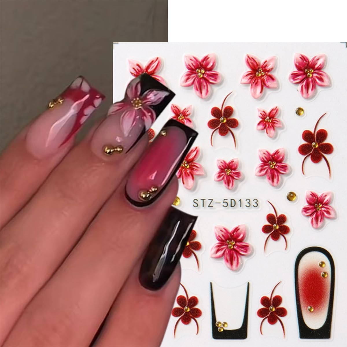 Flower Nail Stickers 3D Self Adhesive Nail Art Stickers 5D Embossed Nail Decals Red Hawaiian Floral Hibiscus with Rhinestone Design Black French Tips Manicure Accessories for Women 3 Sheet