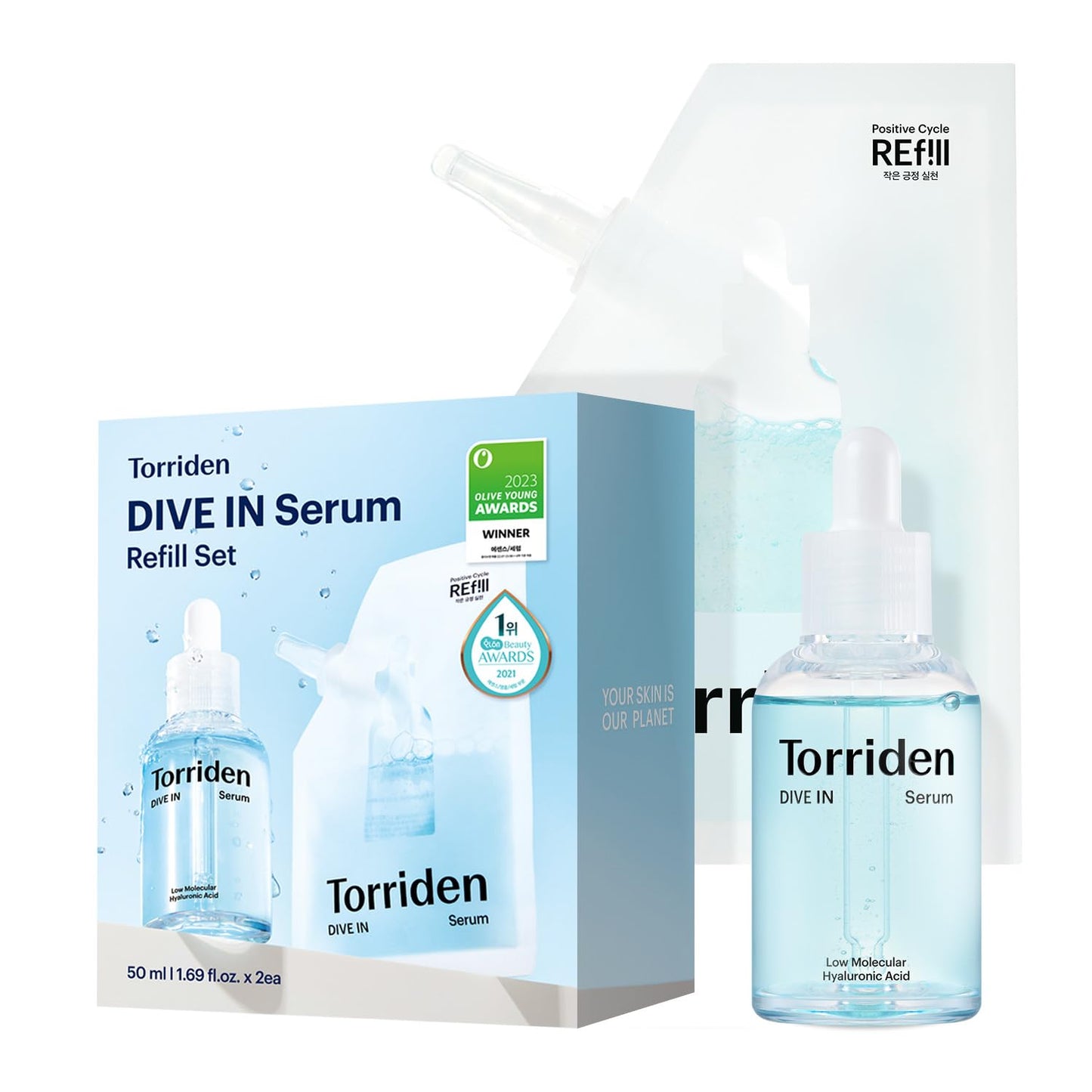 Torriden DIVE IN Serum 1.69 fl oz + refill pouch 1.69 fl oz | Deep Hydration to Get Glow Skin | Hyaluronic Acid, Panthenol, Allantoin | Korean Facial Serum
