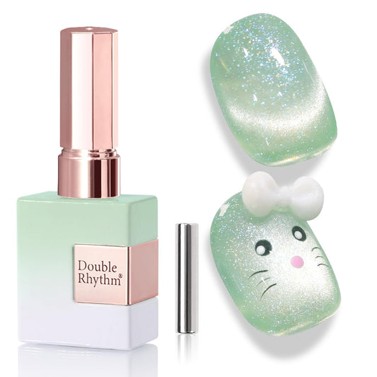 Double Rhythm 0.5 Oz Cat Eye Gel Polish with Magnet Same Color Same Bottle Holographic Glitter Shimmer Translucent Color Salon 15 ML Magnetic Nail Art (Spring Green-MC1163)