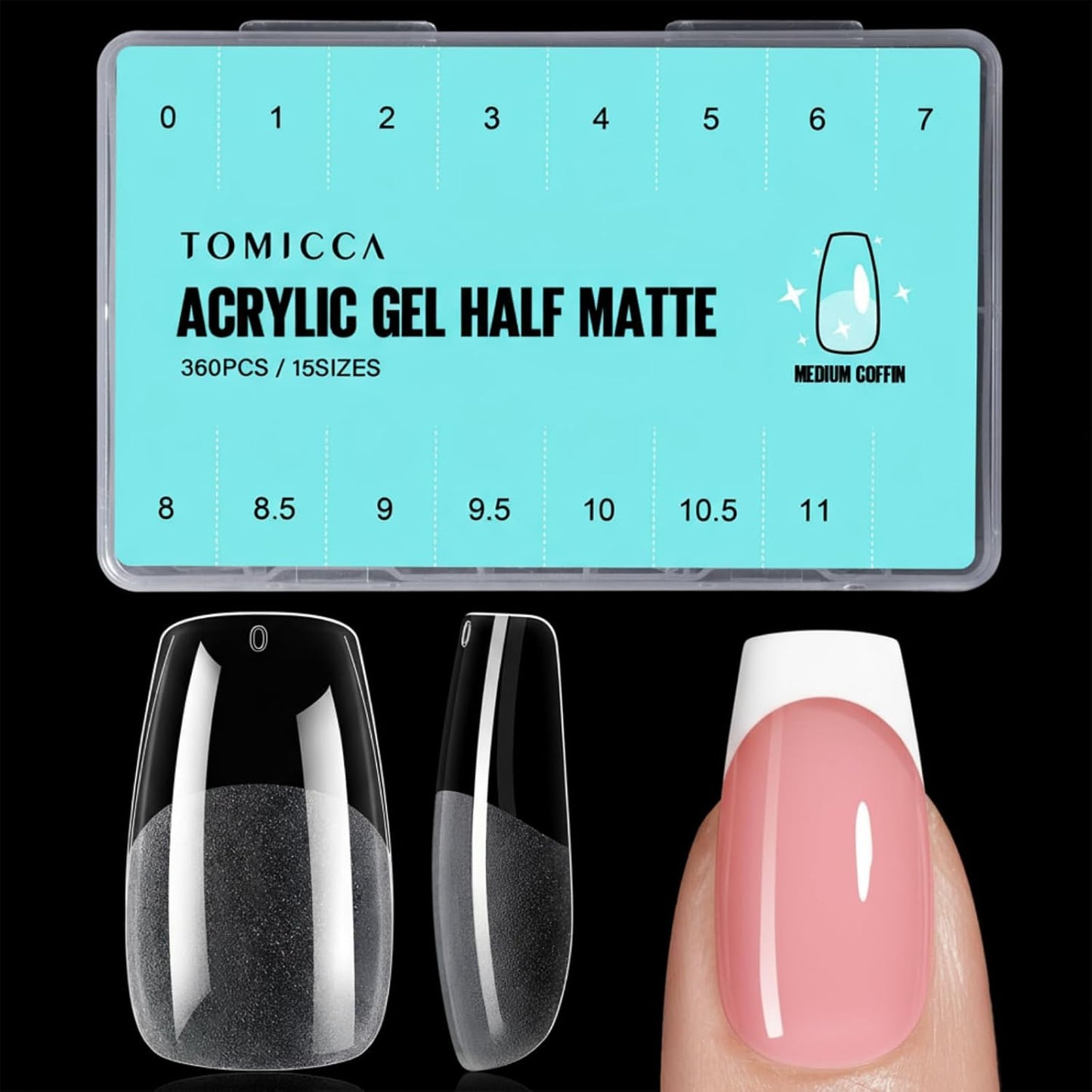 TOMICCA Medium Coffin Nail Tips, 360Pcs Half Matte Gel Nails, 15 Sizes Nail Extension Tips Set, Full Cover Pre Shaped Fake Nails for Beginner and Professional DIY Nail Salon
