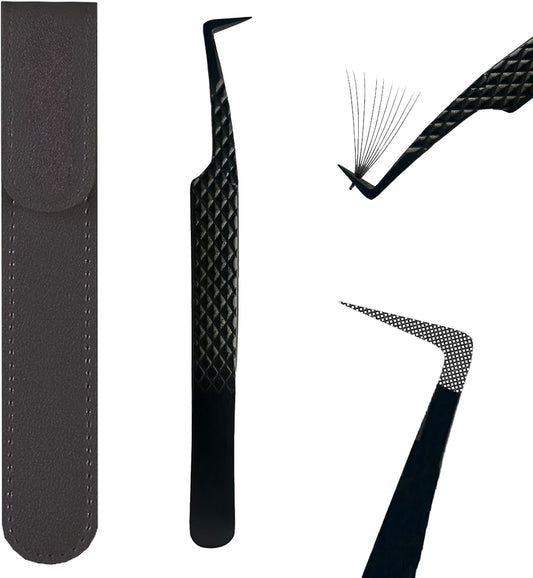 Lash Tweezers For Eyelash Extensions, Fiber Tip, Japanese Steel, Black, 90 Degree