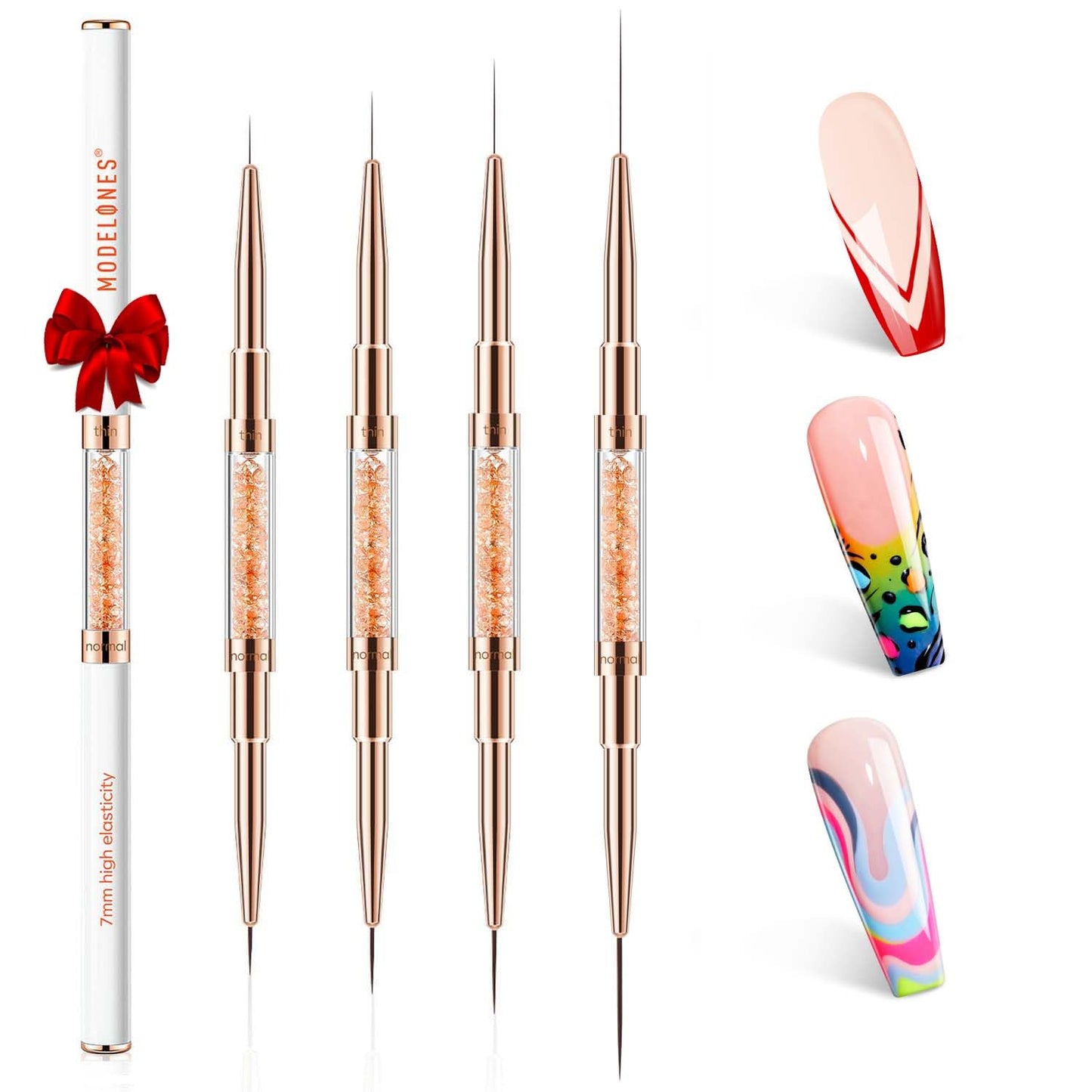 modelones Nail Art Brushes, Super Fine Liner Nail Brush Kit Dual-ended 7/11/15/20mm for Gel Polish Thin Lines, Precise Details, Fine Drawing Painting Design Acrylic Rhinestone Handle Salon & DIY Use