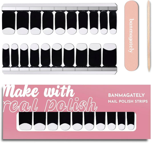 Nail Polish Strips, 20Pcs Salon Quality Gel Nail Stickers, Easy Long Lasting Wraps for Short Nails no UV Light Needed (Black and Tip White)