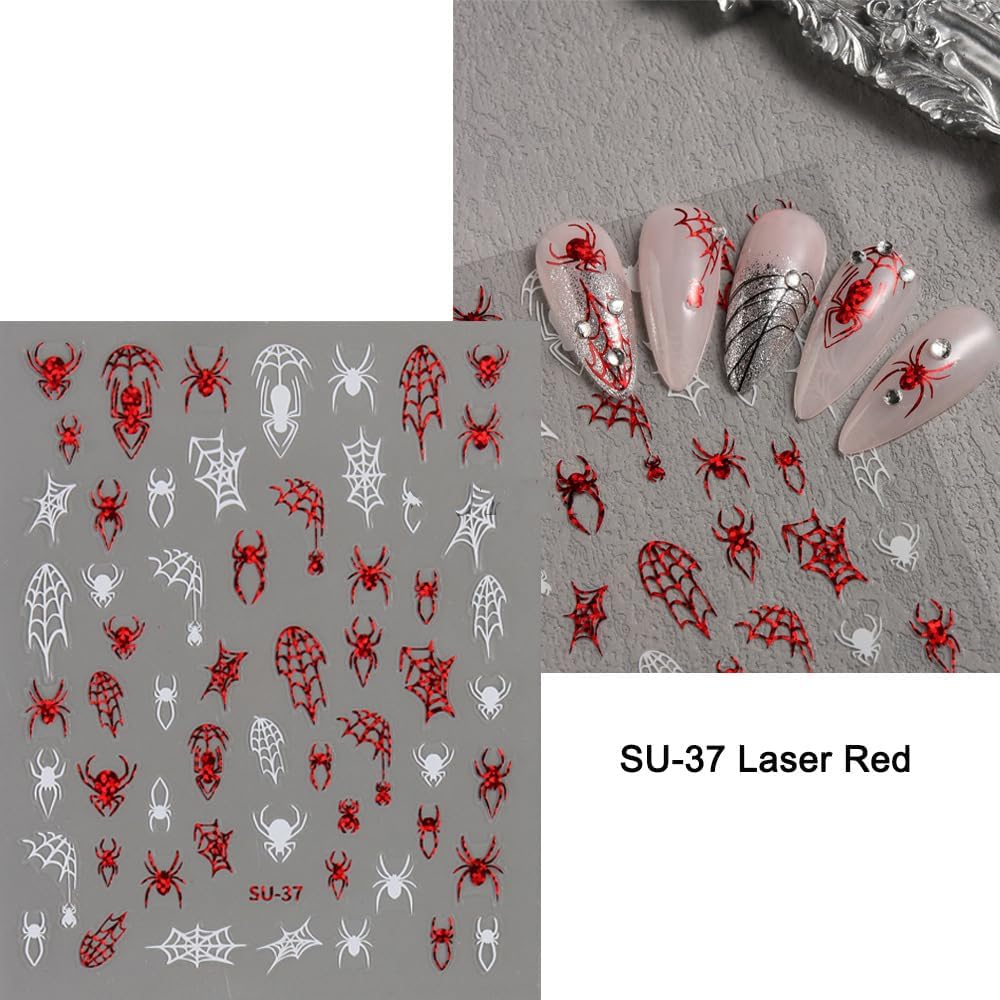 Halloween Nails Stickers Black Spider Nails Sticker 3D Embossed White Web Self Adhesive Sticker Nail Decals Black White Red Glitter Nail Art Decals Halloween Decals for Nail DIY Manicure 6Sheet