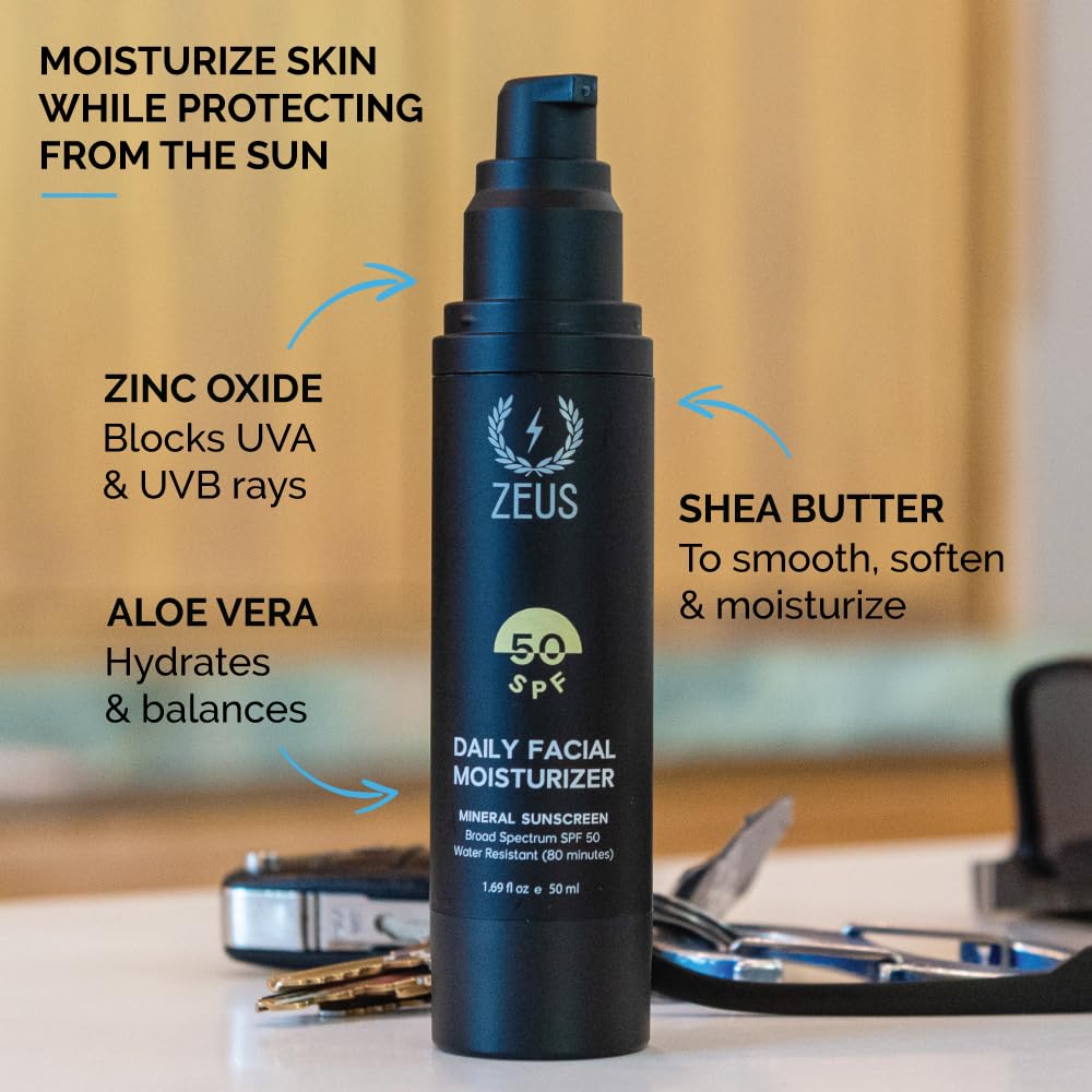 ZEUS Men's Daily Defense SPF50 Face Moisturizer for Men, Natural & Organic, Zinc Oxide Face Moisturizing Mineral Sunscreen, Hydrates & Protects Skin Against Harmful UV Rays (Made in USA)