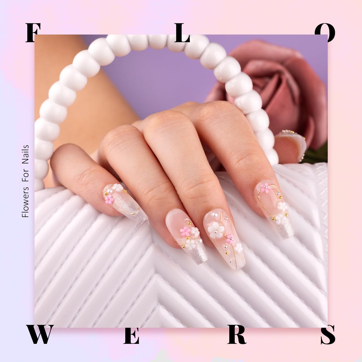 3D Flowers, Manicure Kit with Gel Glue, White Pink Acrylic Flower Nail Charms with Caviar Beads, Rhinestones + Gem Glue for Nails (UV/LED Needed) with Dotting & Pickup Tools